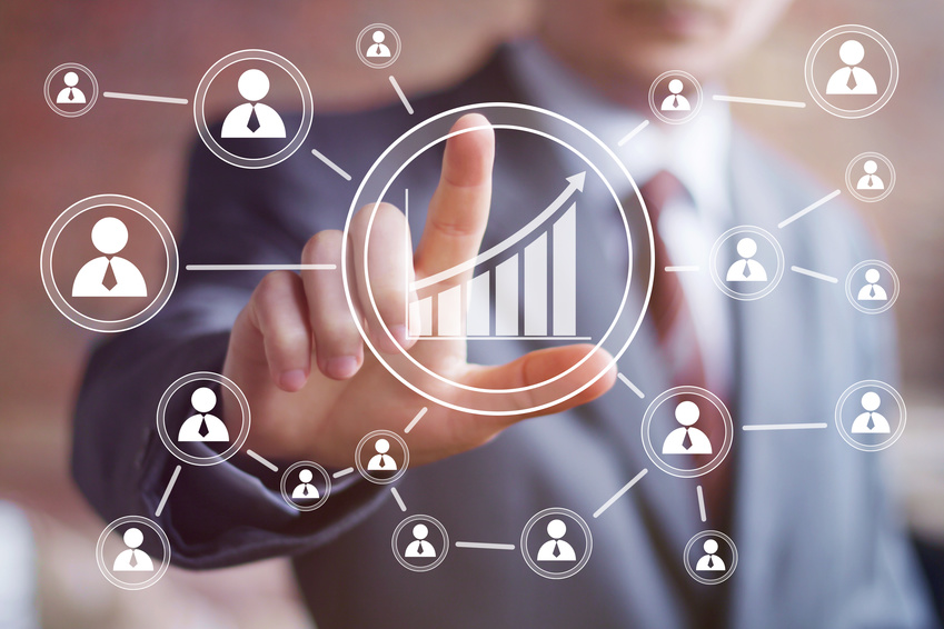 Man with chart business web diagram.